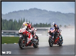 Gra, MotoGP 21, Motocykle, Honda, KTM, Motocykliści, Tor, Wyścig, Drzewa, Wzgórza, Plakat