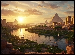 Gra, Assassins Creed Origins, Egipt, Nil, Piramidy, Palmy, Łodzie, Słońce