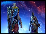 Gra, God of War Ragnarok, Postacie, Kratos, Atreus, Topór, Łuk, Niebo, Gwiazdy