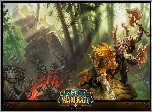 Gra, World of Warcraft, Postacie, Rycerze, Orki, Las, Ruiny, Ogień, Walka, Plakat