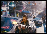 Gra, Cyberpunk 2077, Mężczyzna, Walka, Samochody, Ulica, Plakat