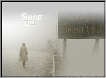 Silent Hill, mgła, droga, szyld, kobieta