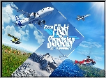 Gra, Microsoft Flight Simulator, Samoloty, Helikopter, Żyrafy, Góry, Morze, Niebo, Chmury, Słońce, Plakat