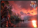 Horizon Forbidden West, Burning Shores, Postać, Aloy, Wyspa, Palmy, Słońce, Zachód, Plakat