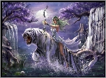 Tygrys, Elf, Kapłanka, Tyrande Whisperwind,  Wodospad, Gra, World Of Warcraft