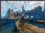 Gra, The Witcher 3 Wild Hunt, Wiedźmin 3 Dziki Gon, Geralt, Pomost, Domy, Miasto