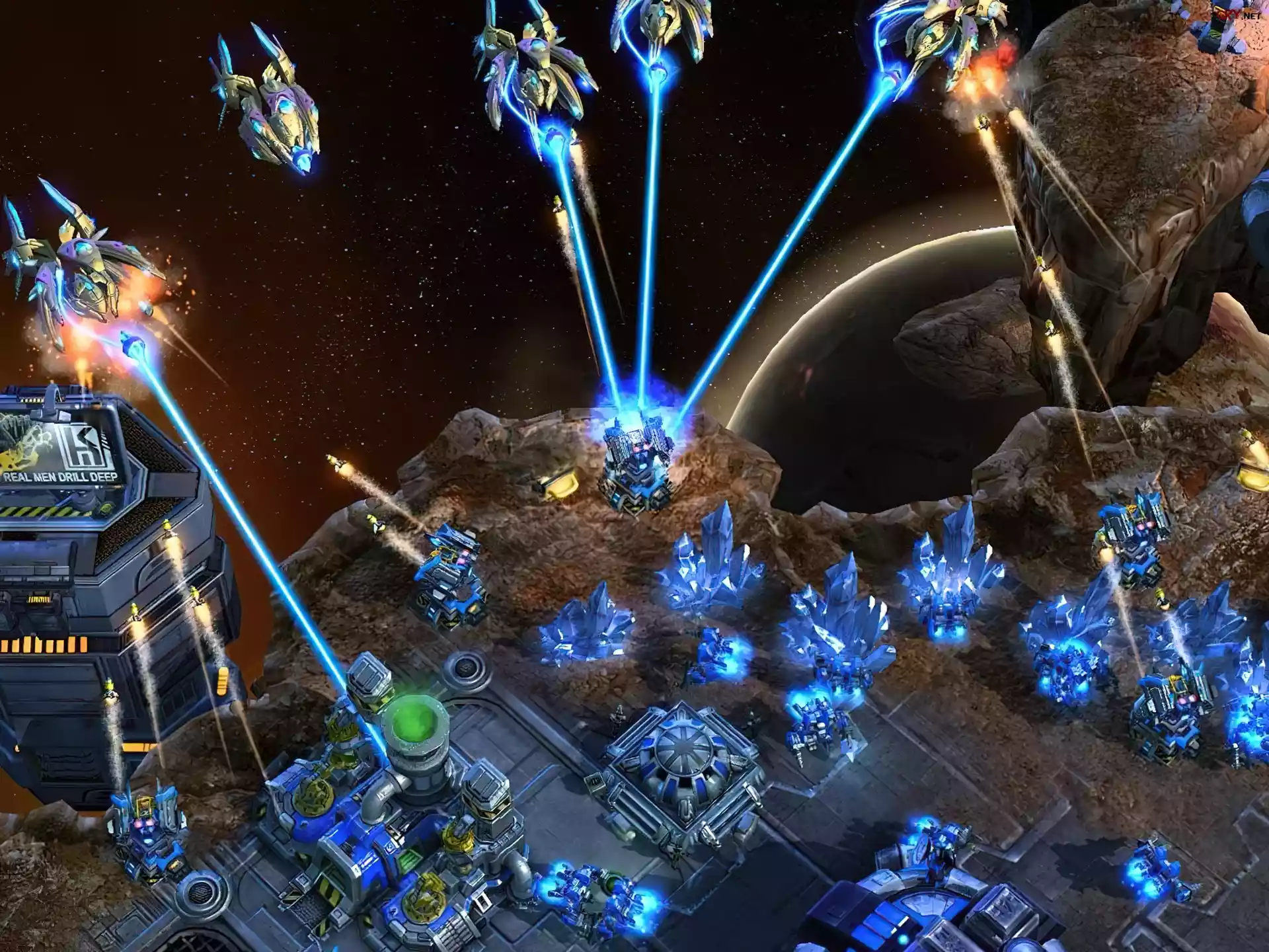 Starcraft 2, statek, kosmiczny, laser, miasto, kosmos
