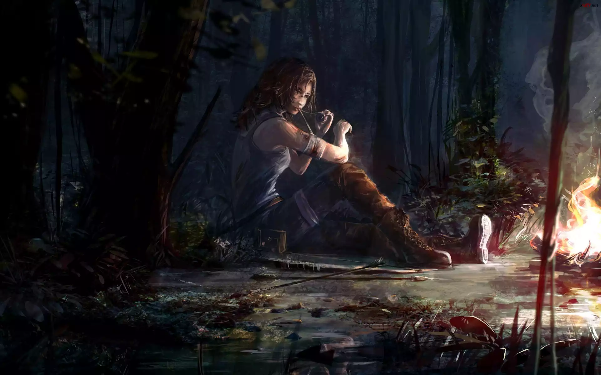 Lara Croft, Ranna, Las, Ognisko, Tomb Raider