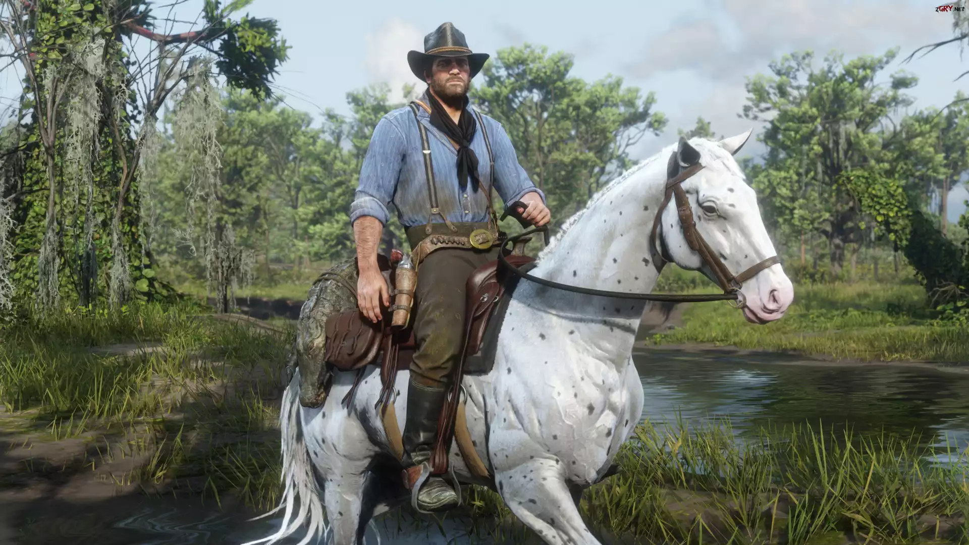 Gra, Red Dead Redemption 2, Mężczyzna, Koń, Rzeka, Drzewa