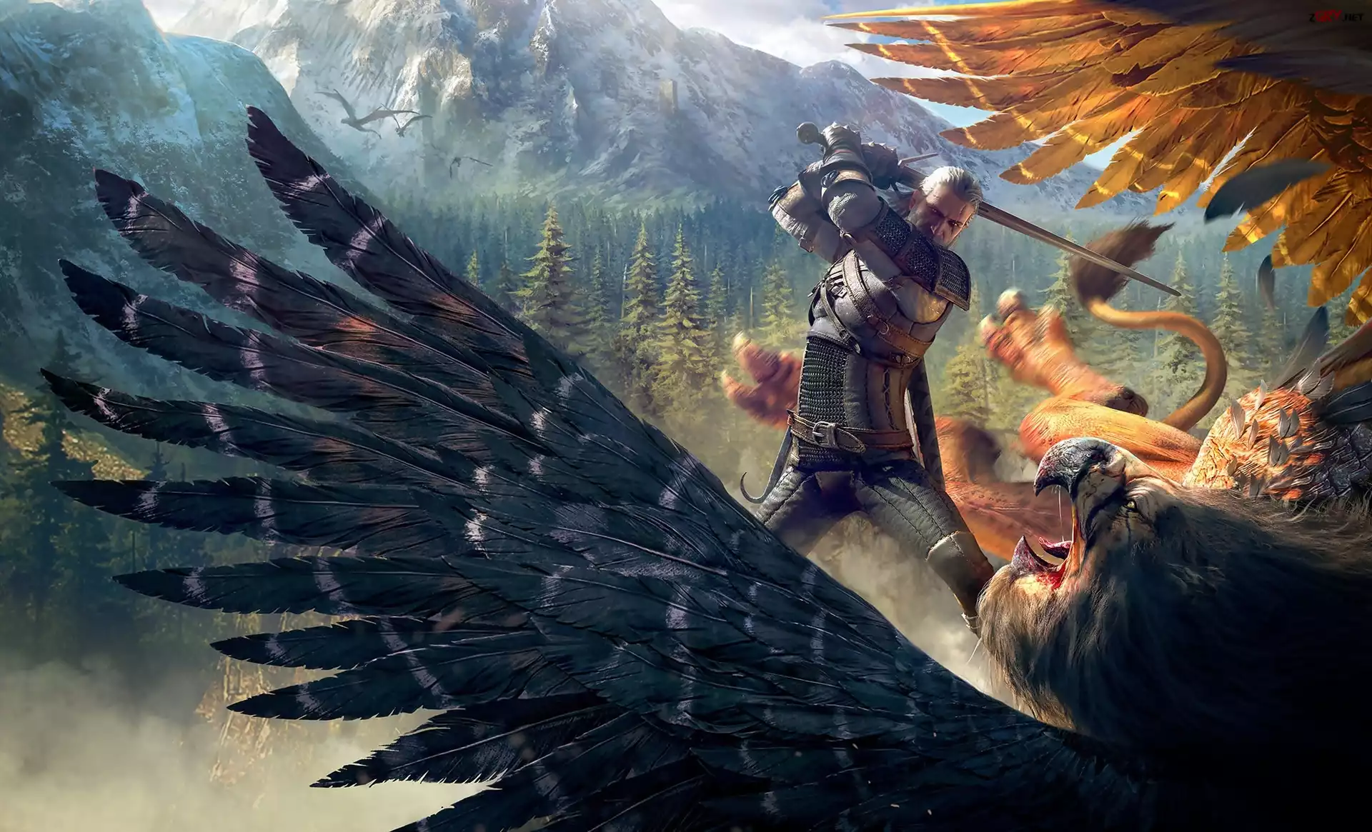 Gra, Wiedźmin 3 Dziki Gon, The Witcher 3 Wild Hunt, Geralt z Rivii, Ptak, Walka
