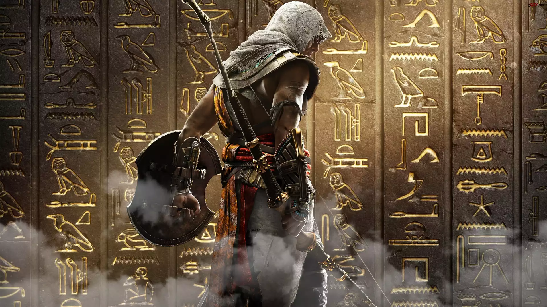Gra, Assassins Creed Origins, Bayek, Tarcza, Łuk, Ściana, Hieroglify
