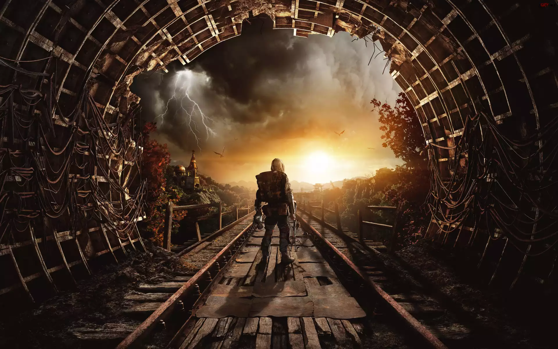 Gra, Metro Exodus, Tunel, Tory, Zachód słońca