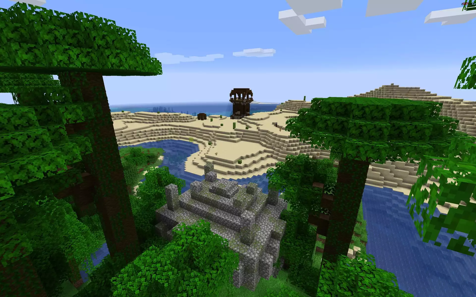 Gra, Minecraft, Rzeka, Wieża, Pillager Outpost, Posterunek złosadniczy