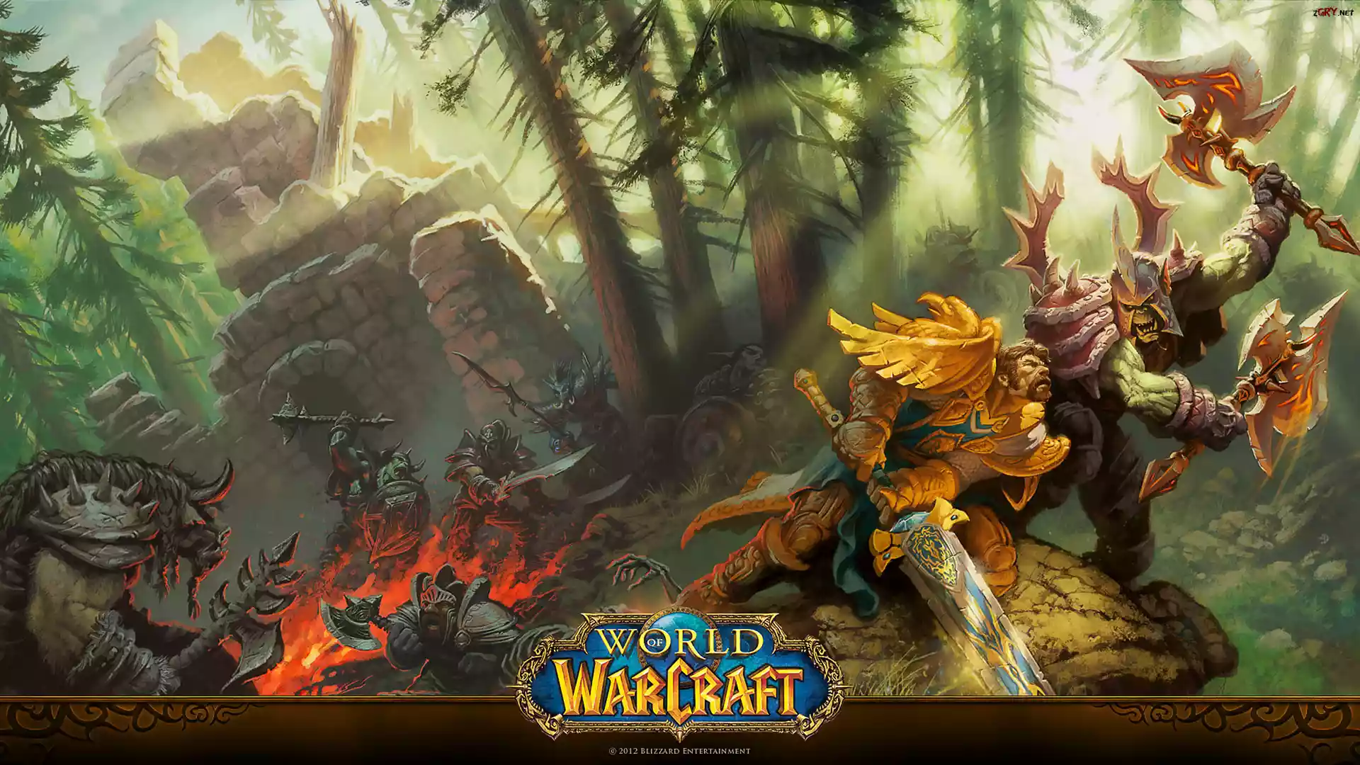 Gra, World of Warcraft, Postacie, Rycerze, Orki, Las, Ruiny, Ogień, Walka, Plakat
