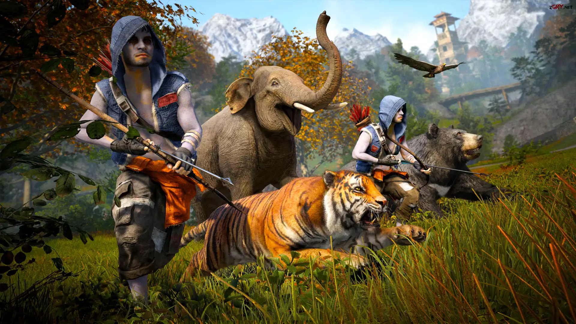 Gra, Far Cry 4, Zwierzęta, Słoń, Tygrys, Niedźwiedź, Uzbrojone, Postacie