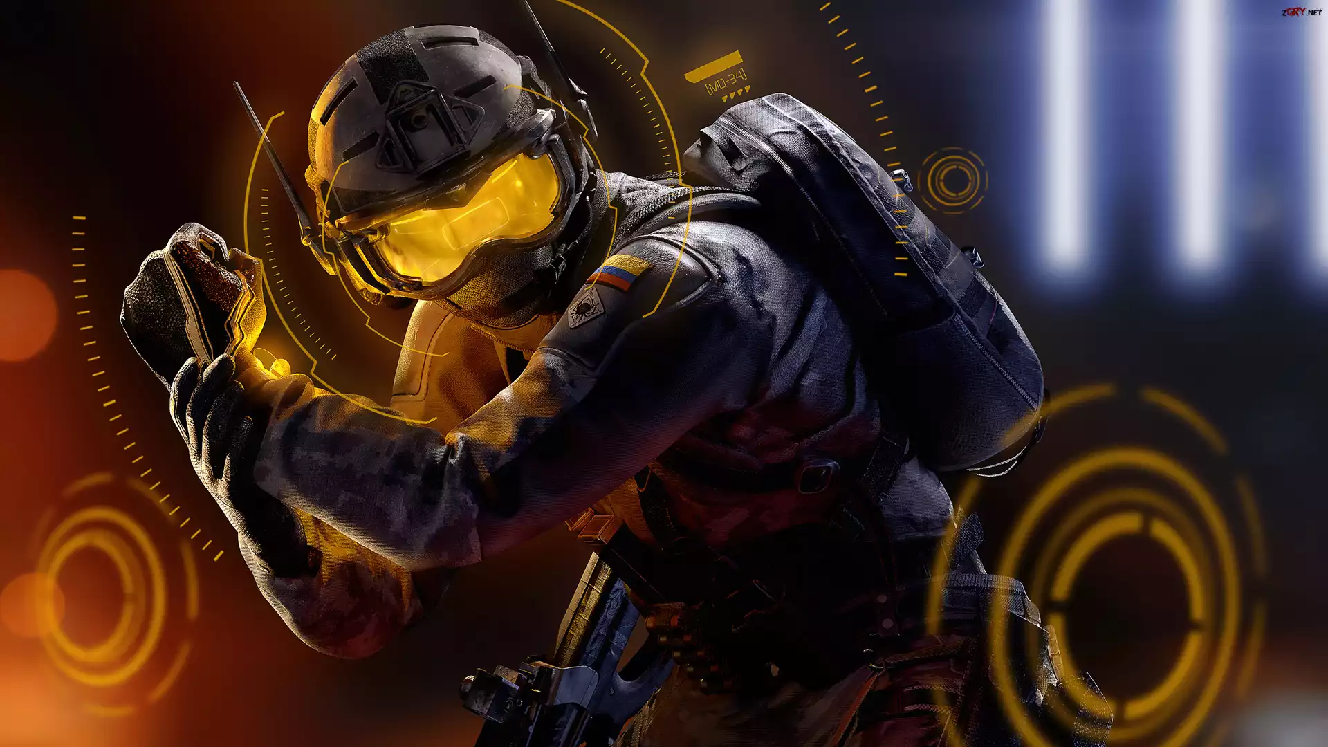 Gra, Tom Clancys Rainbow Six Siege, Postać, Mężczyzna, Kombinezon, Rękawice, Plecak, Kask