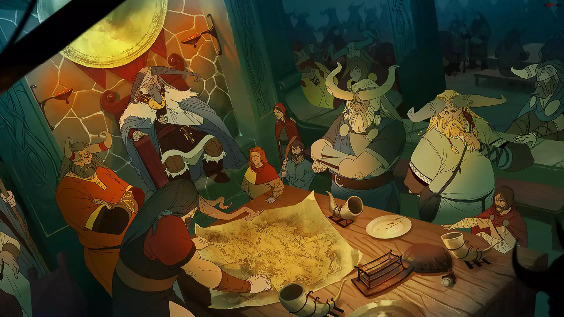 Gra, The Banner Saga 3, Postacie, Wikingowie, Stół, Mapa, Rogi, Tron, Komnata