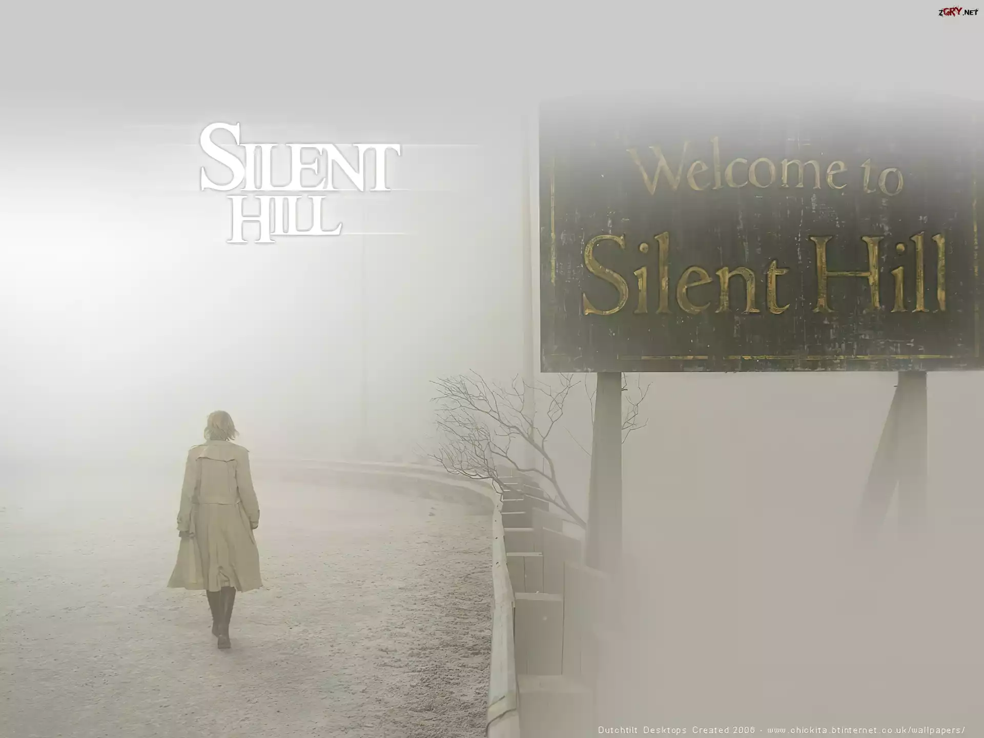 Silent Hill, mgła, droga, szyld, kobieta