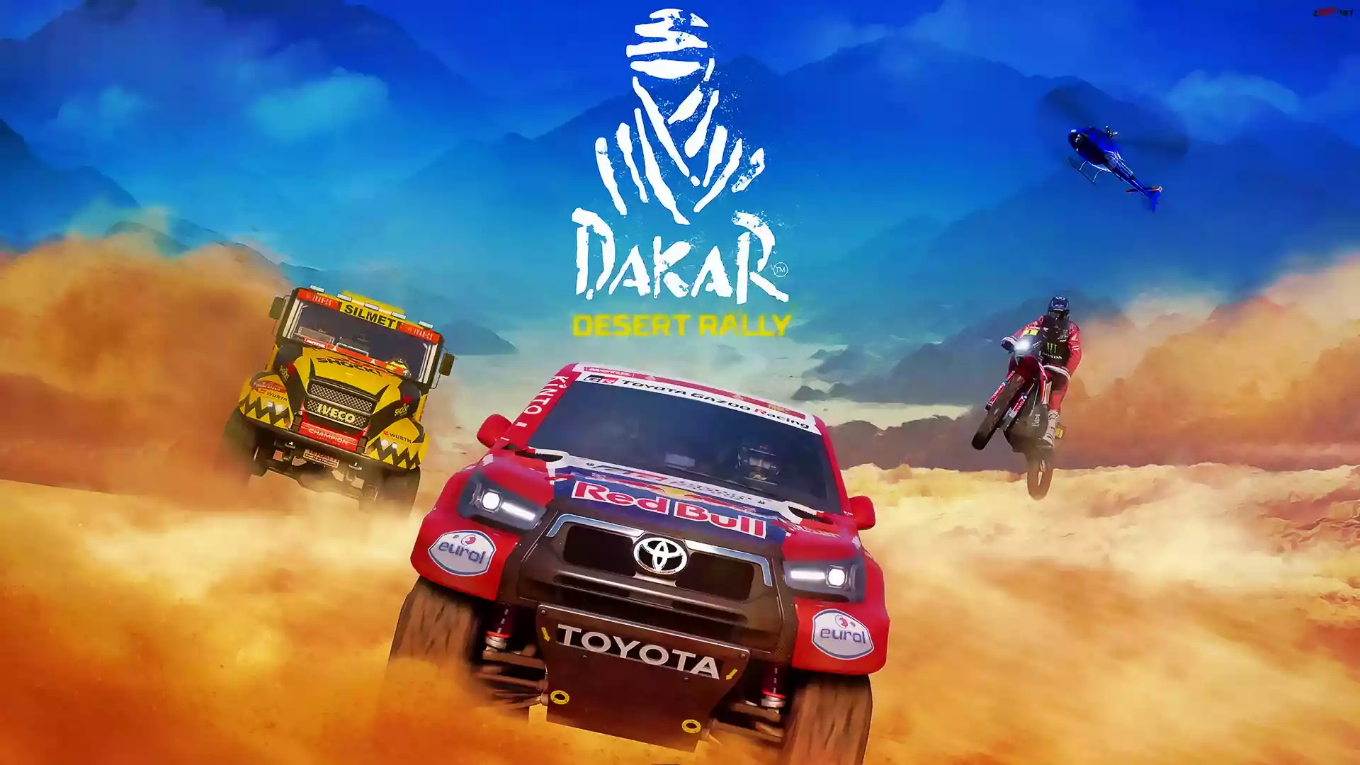 Gra, Dakar Desert Rally, Samochody, Iveco, Toyota, Motocykl, Helikopter, Pustynia, Plakat