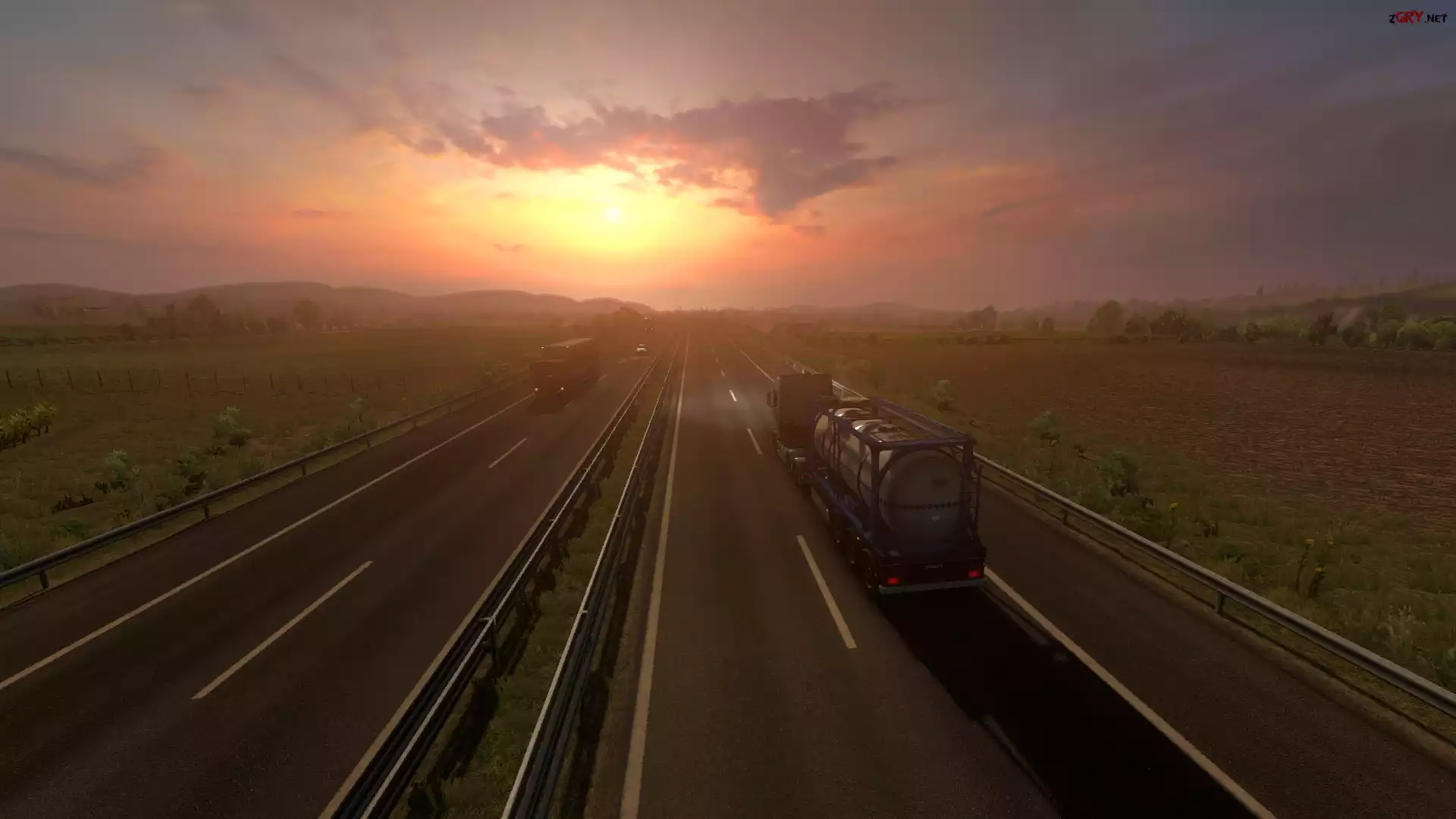 Gra, Euro Truck Simulator 2, ETS 2, Wschód słońca, Autostrada, Ciężarówki