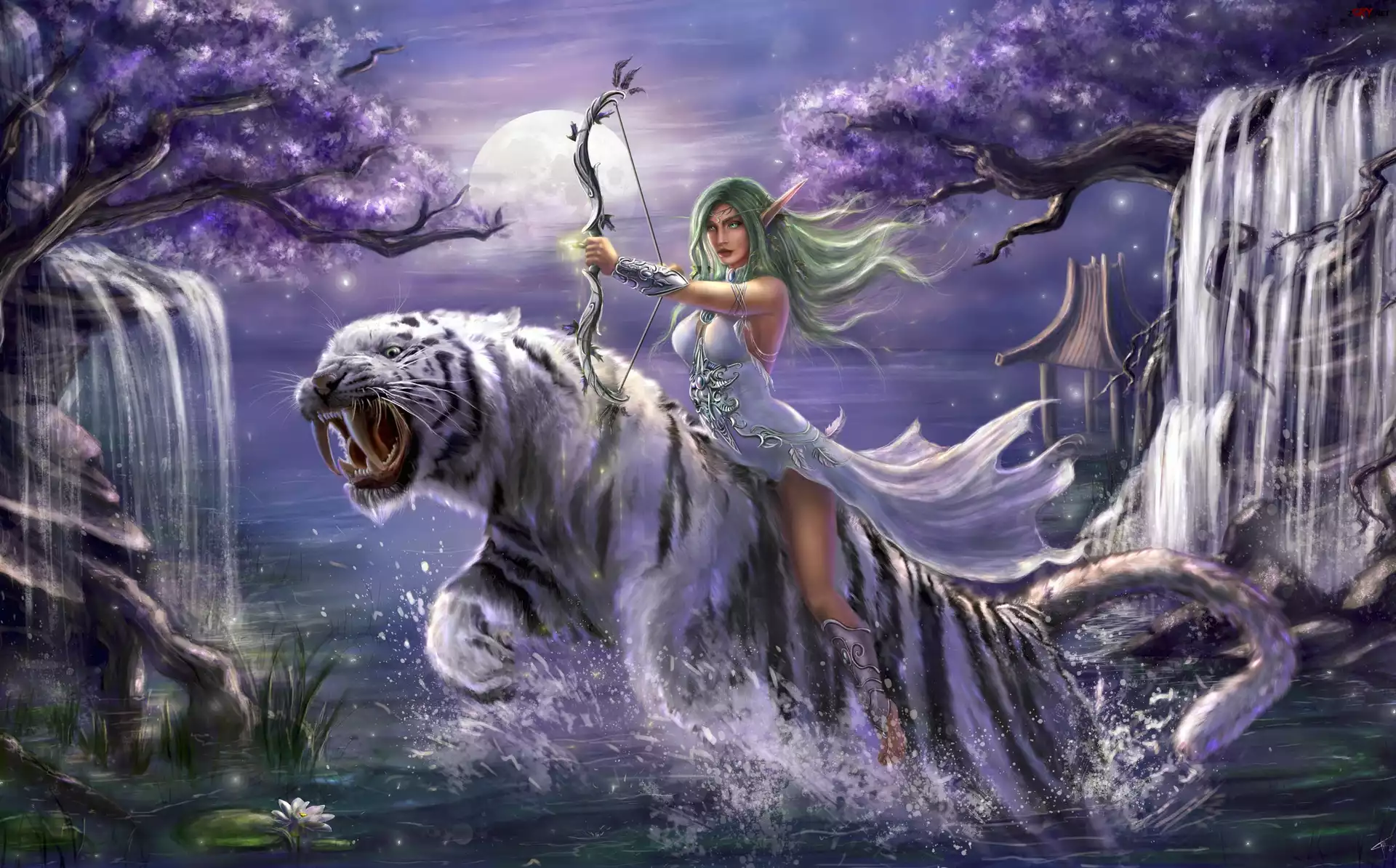 Tygrys, Elf, Kapłanka, Tyrande Whisperwind, Wodospad, Gra, World Of Warcraft