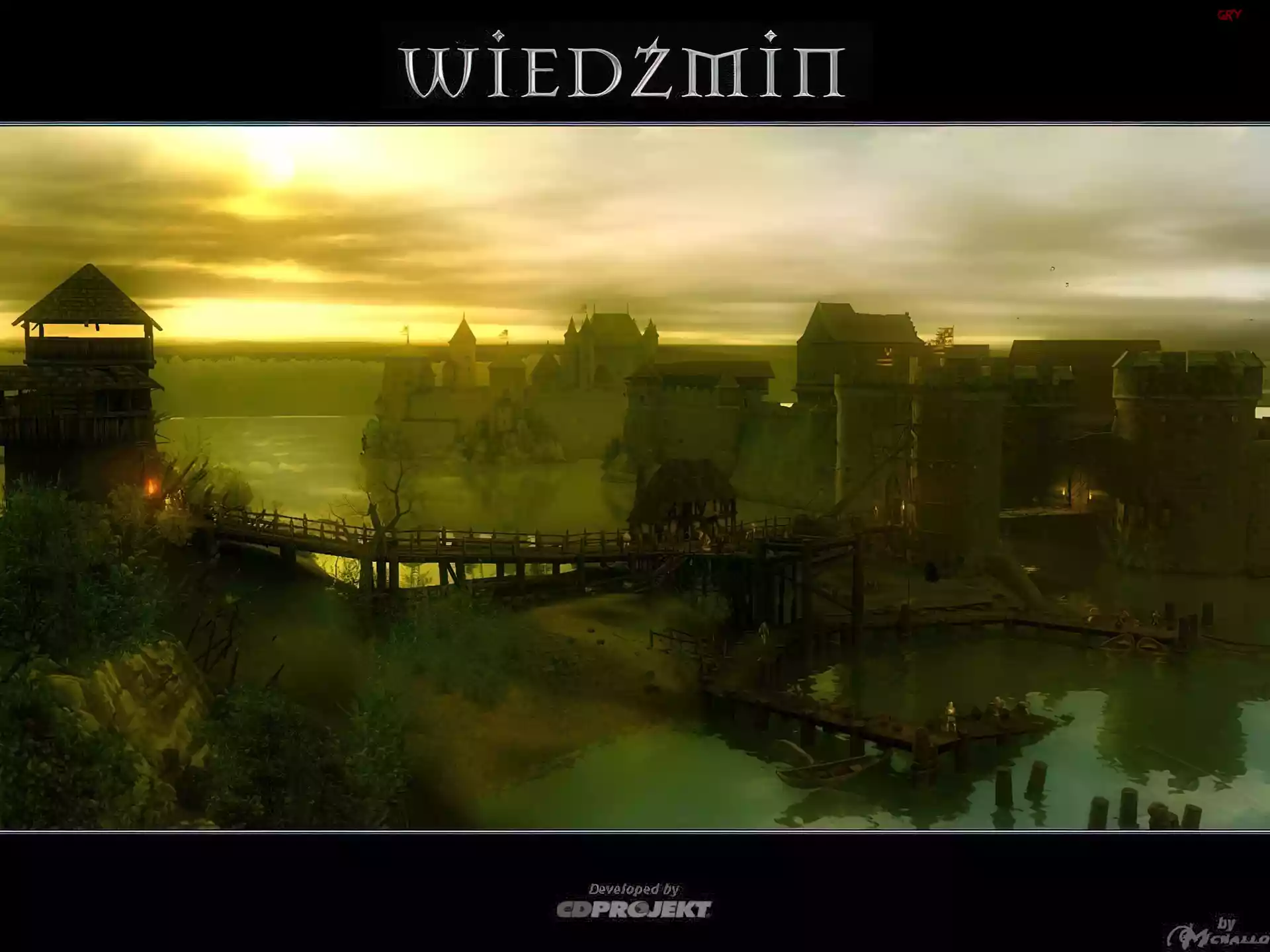 The Witcher, wioska, most, jezioro, chmury, słońce